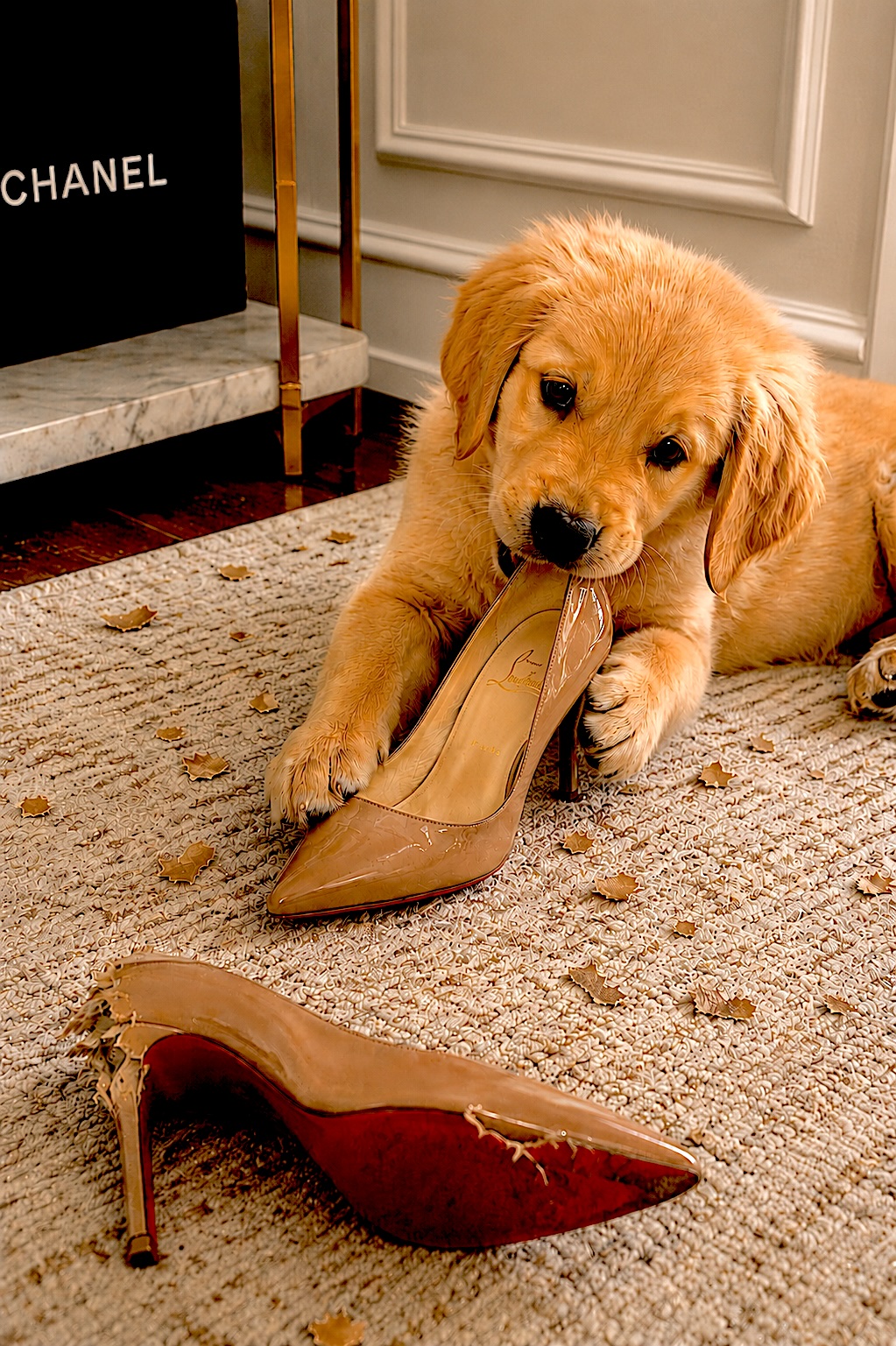 Golden retriever puppy chewing an expensive shoe