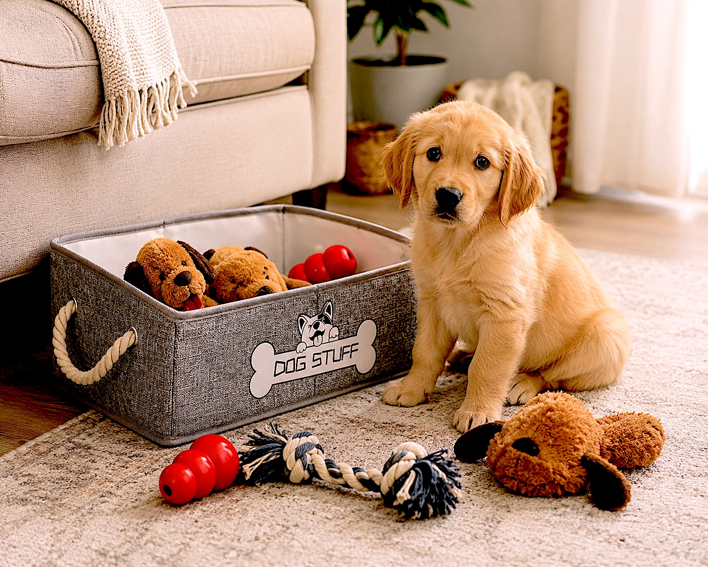 Golden retriever puppy beside an organized basket of puppy toys in a bright living room